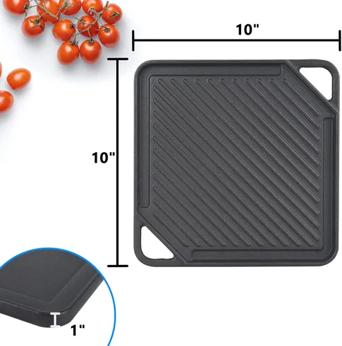 Vista 4 de GasSaf Plancha reversible de hierro fundido, sartén de doble cara perfecta para estufas y parrillas de gas, 10 x 10 pulgadas