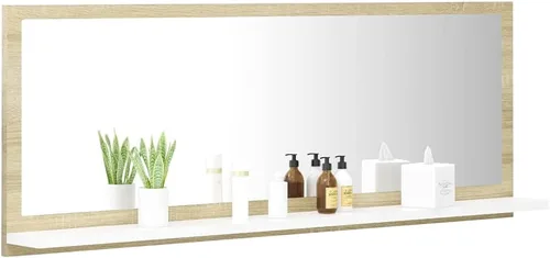 Vista 3 de Espejo rectangular de pared contemporáneo, espejo rectangular montado en la pared, espejo de baño blanco y roble Sonoma de 39.4 x 4.1 x 14.6