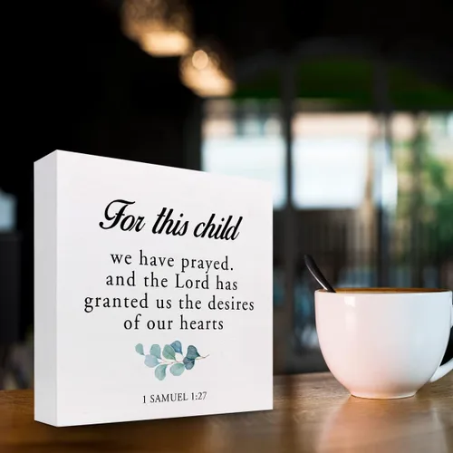 Vista 3 de For This Child I Have Prayed 1 Samuel 1:27 - Caja de madera con versículo bíblico para decoración de escritorio, letrero de madera cristiana