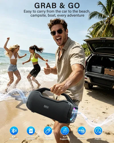 Vista 7 de Altavoz Bluetooth portátil de graves de 120 W, potente altavoz inalámbrico con 2 graves y 2 tweeters, tiempo de reproducción de 20 horas, IPX6