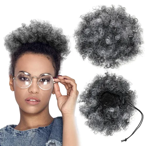 Vista 9 de WILLBOND 2 extensiones de cola de caballo afro con cordón para mujeres negras, pelo rizado, extensiones cortas sintéticas con clip, extensiones