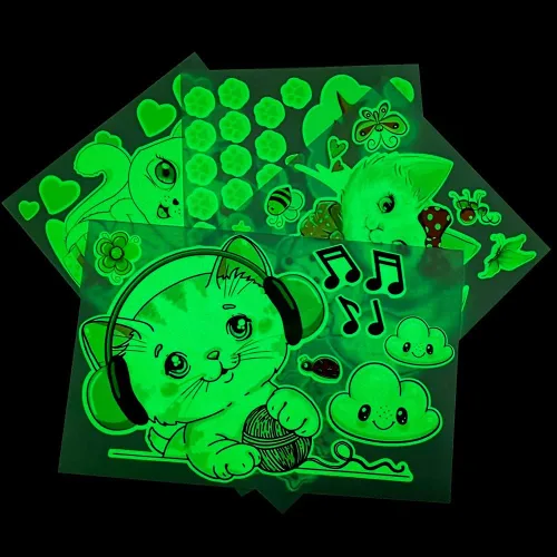 Vista 3 de Estrellas que brillan en la oscuridad para la habitación, adhesivos de pared/techo que brillan de gatos, calcomanías de mariposas de gatito