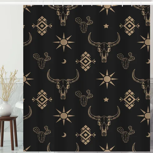 Vista 9 de Cortina de ducha de calavera de toro occidental estilo boho con cuernos de vaca, calavera de cactus bohemia en negro y dorado con ganchos, cortina