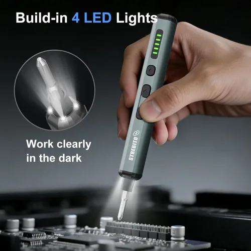 Vista 8 de STREBITO Destornillador eléctrico, mini destornillador eléctrico 67 en 1, 50 puntas magnéticas S2, 5 ajustes de torsión, 4 luces LED, juego
