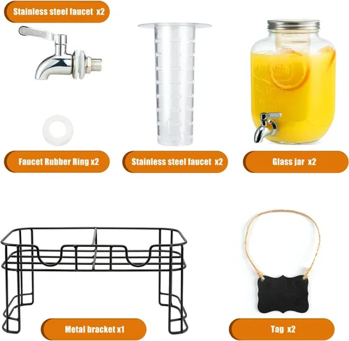 Vista 6 de Dispensadores de bebidas de vidrio de 1 galón para fiestas, paquete de 2 dispensadores de bebidas con soporte, cilindro de hielo y espita de acero