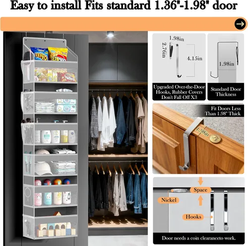 Vista 4 de PAULONE 1 paquete de organizador resistente para puerta, 6 grandes + 12 bolsillos de malla con capacidad de 40.4 kg, almacenamiento colgante que