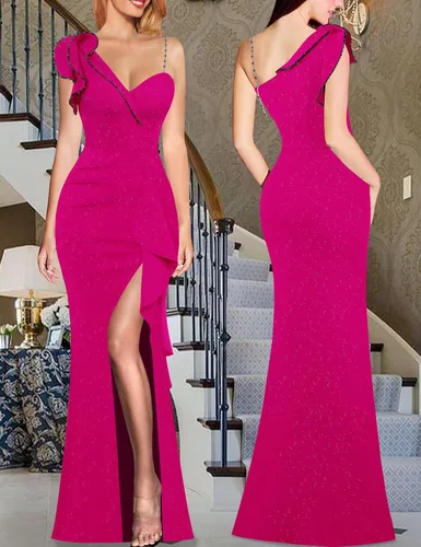 Vista 2 de VFSHOW Vestido largo de fiesta formal con volantes y tirantes para el hombro, para mujer, vestido largo sexy con cuello en V dividido para cóctel