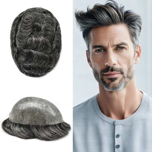 Vista 116 de Toupee para hombres Sistema de reemplazo de cabello humano real para hombres Completo PU Mens Hairpiece de aspecto natural para hombre piezas