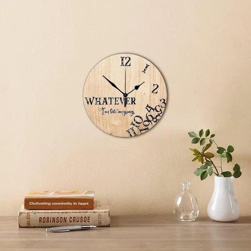 Vista 4 de Reloj de pared de 10 pulgadas, de grano de madera rústica, divertido con texto en inglés "Whatever I'm Late Anyways", reloj de pared vintage