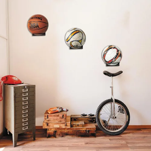 Vista 4 de GENMOUS Set of 3 Wood Basketball Holder Wall Mount Display for Boys Room Decor, Metal Ball Rack Display Stand for Basketball Football Volleyball