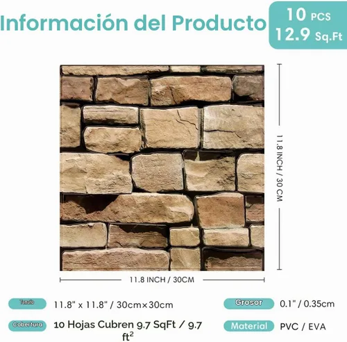 Vista 6 de Commomy Adhesivo de pared 3D de piedra sintética para despegar y pegar, 10 PIEDRA-RP