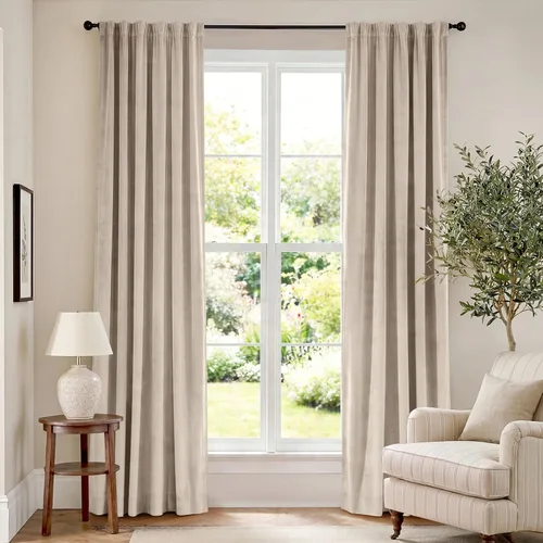 Vista 133 de Lazzzy Cortinas opacas de terciopelo beige de 84 pulgadas de largo con aislamiento térmico para oscurecer la habitación, cortinas forradas de lujo