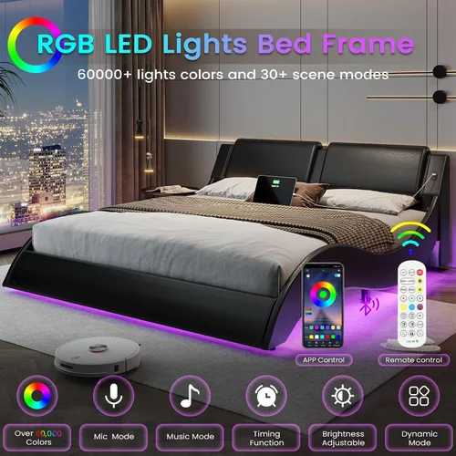 Vista 4 de DICTAC - Marco de cama Queen con luces LED y puertos de carga, cama moderna tapizada tamaño Queen con cabecera, marco de cama de plataforma