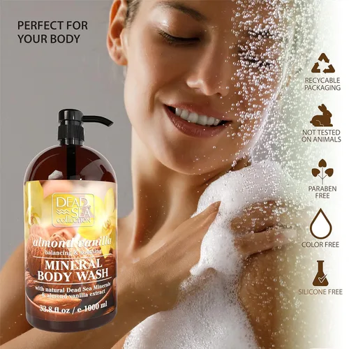 Vista 2 de Dead Sea Collection Gel de baño Almond Vanilla para mujeres y hombres, con minerales puros del mar muerto y aceite de almendras dulces, limpia e