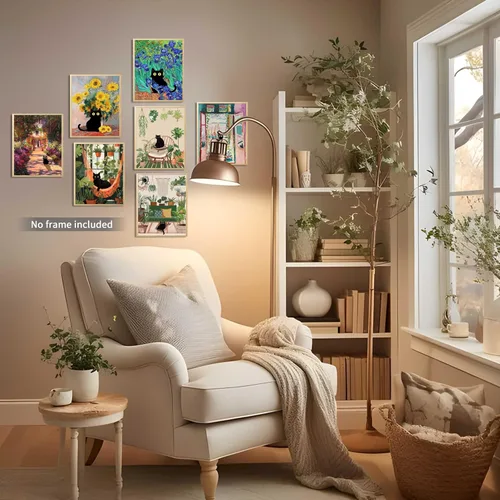 Vista 3 de Divertido póster de arte de pared de gato negro, juego de 9, impresiones en lienzo vintage de gato negro de Van Gogh, impresiones estéticas florales