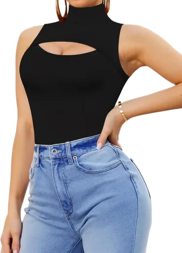 Vista 2 de MANGOPOP Body de manga larga con cuello alto falso para mujer, manga larga, sin mangas, cuello de tortuga, trajes sexis