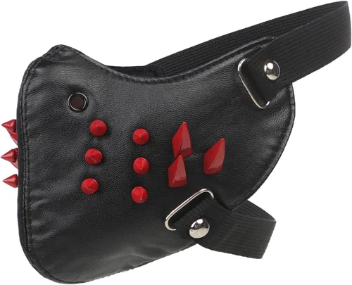 Vista 5 de PURFUN Máscara de cuero con tachuelas punk con tachuelas, máscara gótica de Red Rivets