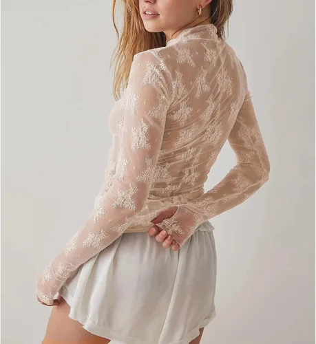 Vista 4 de Camiseta corta de manga larga con encaje y cuello alto para mujer, ajustada, ajustada