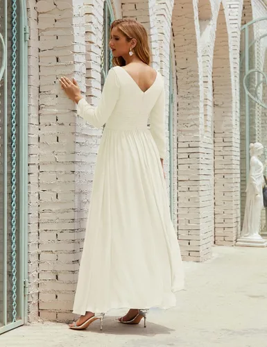 Vista 5 de nightbubo Vestido de dama de honor para mujer manga larga cuello en V vestido formal de gasa para boda