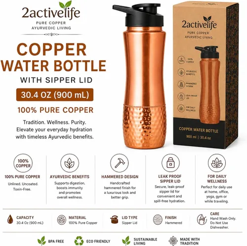 Vista 6 de Botella de agua de cobre con tapa para sorber, 30.4 onzas (30.4 fl oz / 900 ml), botella de cobre sólido 100% puro para agua potable, botella