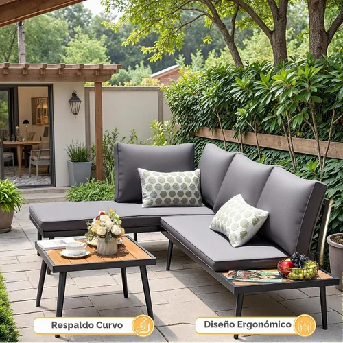 Vista 5 de Devoko Juego de muebles seccional para exterior con mesa de madera de acacia, sofá seccional para patio, juego de conversación en forma de L