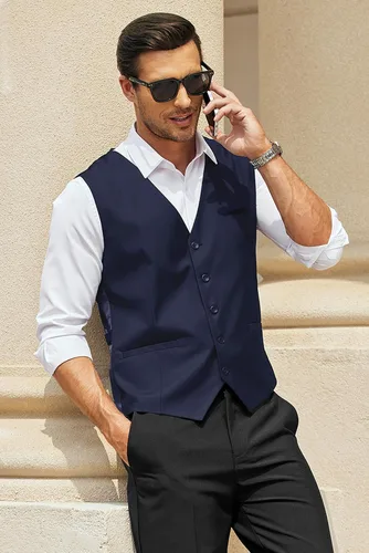 Vista 3 de COOFANDY Chaleco de traje de negocios para hombre, chaleco de vestir casual, chaleco formal ajustado