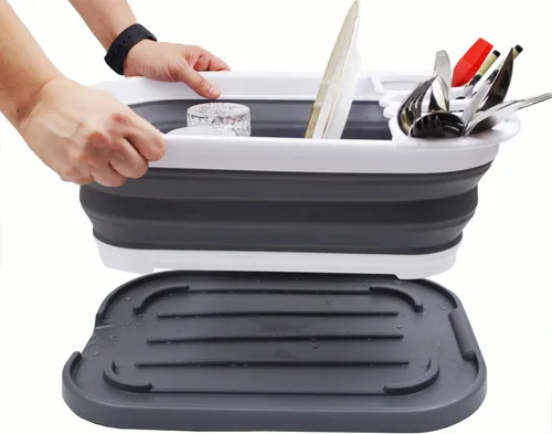 Vista 4 de SAMMART Escurridor de platos plegable de 3.17 galones con bandeja, juego de escurridor plegable, organizador de vajilla portátil, bandeja