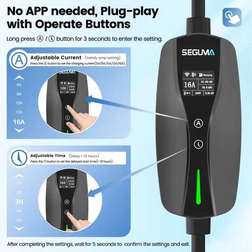 Vista 3 de Cargador EV de nivel 1/2, control de corriente ajustable Wi-Fi/App de 16 amperios, enchufe NEMA 5-15 certificado ETL/adaptador NEMA 6-20, retardo