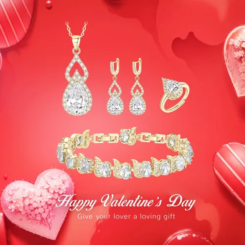 Vista 4 de Juego de collar y aretes colgantes con circonita cúbica para novia, día de San Valentín, día de la madre, Acción de Gracias, Navidad, regalos