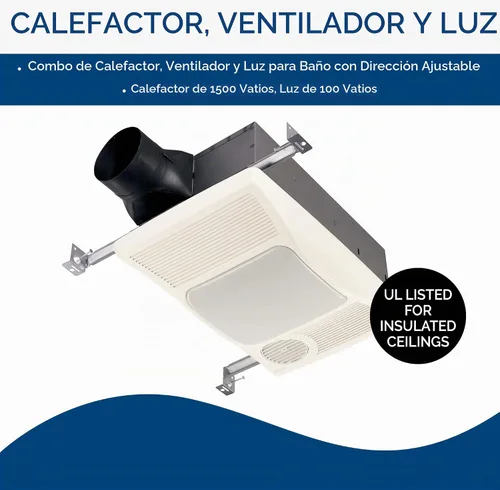 Vista 2 de Broan 100HL Ventilador de baño, 100 CFM para conductos de 4" con luz incandescente máxima de 100W (no incluida) y calentador - Blanco