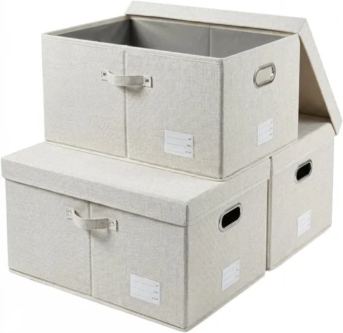 Vista 23 de PRANDOM Contenedores de almacenamiento con tapas [paquete de 3] cajas de almacenamiento plegables de tela de lino, canastas organizadoras, cubos