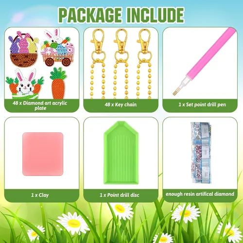 Vista 3 de Panelee 48 piezas de llavero de arte de diamante de Pascua, kits de arte de diamantes para colgar huevos de Pascua, adornos para niños