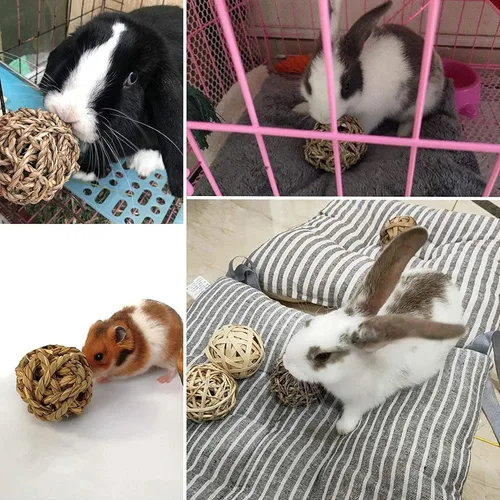 Vista 5 de Hamiledyi Cama de hierba de conejo para conejo, 21 piezas de juguetes masticables de conejo para moler dientes, palo de bambú dulce, bola de hierba