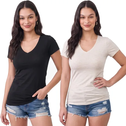 Vista 190 de Emmalise Camiseta de manga corta para mujer, cuello en V, tallas junior y plus