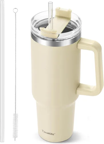 Vista 11 de TaroKitc Vaso de 30 onzas con asa y popote abatible, botella de agua aislada al vacío de triple pared, taza de viaje reutilizable a prueba de fugas
