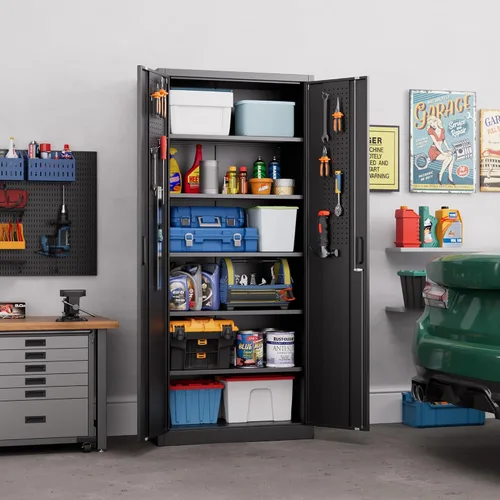 Vista 8 de Aobabo Gabinete de Almacenamiento de Metal de 71" A×32" An×16" P con 5 Estantes Ajustables, Gabinete de Almacenamiento de Garaje con Cerradura