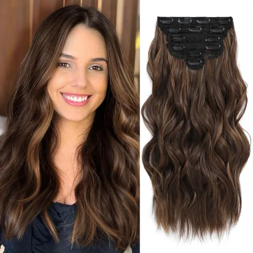 Vista 20 de Fliace Extensiones de cabello con clip para mujer, extensiones de cabello ondulado largo de color marrón medio, extensiones de cabello sintético