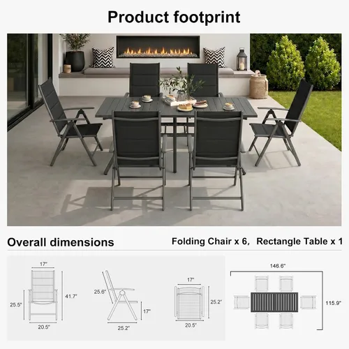 Vista 3 de PURPLE LEAF Juego de comedor al aire libre para 6 mesas plegables de patio con mesa rectangular de aluminio y sillas acolchadas para todo