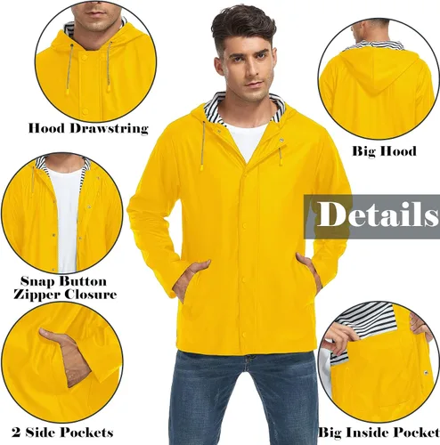 Vista 2 de Chubasqueros impermeables para hombre, con capucha, rompevientos con forro a rayas, para senderismo, correr, viajes