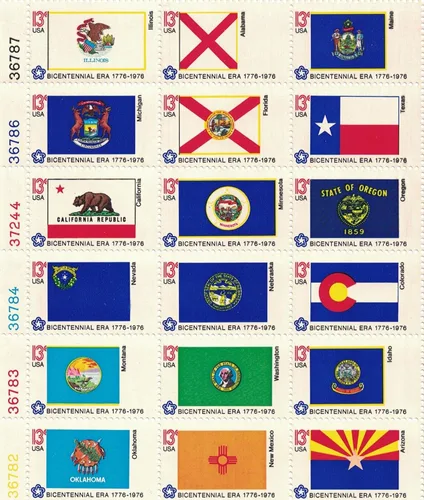 Vista 2 de USPS 1976 State Flags - Hoja completa de sellos de 50 x 13 centavos - Scott 1633-82