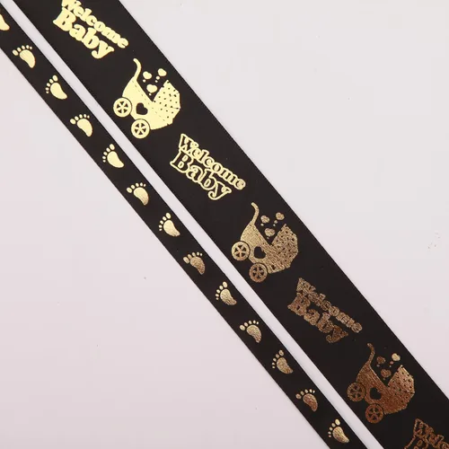 Vista 6 de Meseey 2 rollos en total de 20 yardas de cinta de bienvenida para bebé, cintas negras y doradas con estampado de pies para manualidades, pasteles