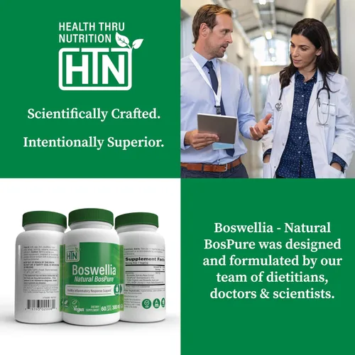 Vista 5 de Health Thru Nutrition Boswellia 300 mg 60 cápsulas como Bospure AKBAMAX Alta potencia 75% ácidos boswélicos 10% AKBA Apoyo de movilidad