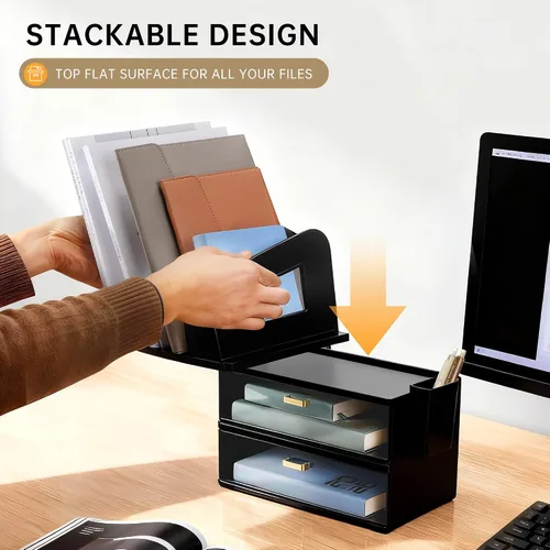 Vista 5 de CiWiVOKi Organizador de escritorio y accesorios, organizador de archivos de escritorio de 2 niveles con cajón acrílico y 2 soportes para bolígrafos