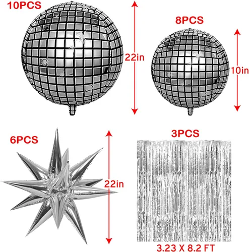 Vista 7 de 24 globos de bola de discoteca con 3 cortinas de flecos de aluminio, enormes globos de aluminio de estrella de explosión plateada para cumpleaños