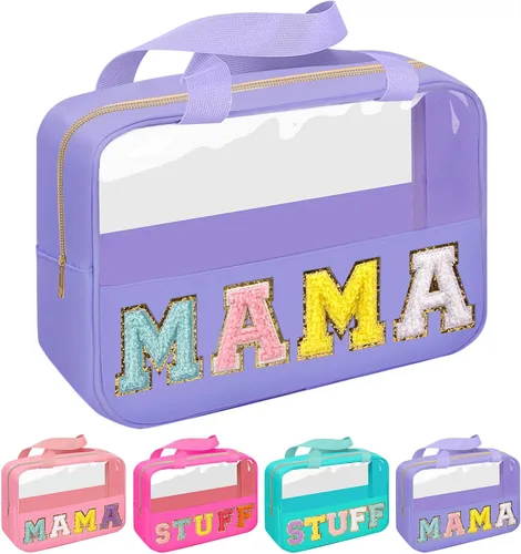 Vista 7 de Iqimott Bolsa de bebé con parche de letras de chenilla, bolsa de cosméticos transparente para maquillaje, bolsa grande de almacenamiento