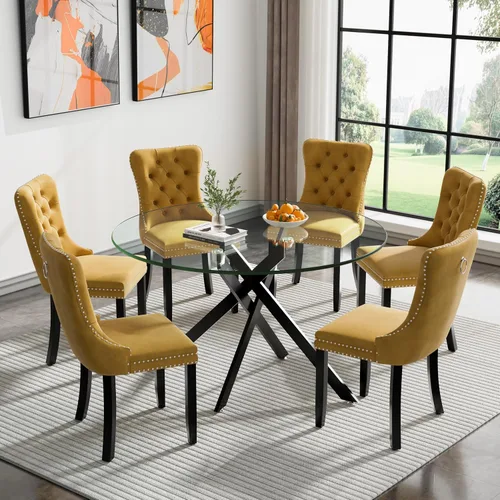Vista 42 de Juego de mesa de comedor de cristal plateado moderno de 47 pulgadas para 2, juego de mesa de comedor de cocina redonda de 3 piezas con patas