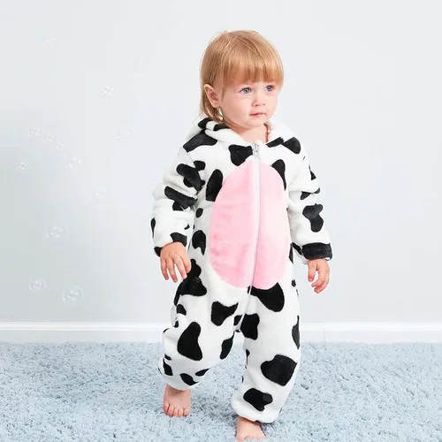 Vista 3 de GRNSHTS Newborn Baby Cartoon Cows Warm Flannel Hooded Romper Unisex Baby Animal Costume Winter Autumn Jumpsuit