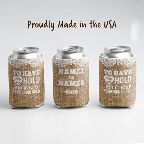 Vista 7 de Enfriadores de latas de boda rústicos personalizados - Diseño de arpillera "To Have and To Hold" - Personalizado con nombres y fecha - Juego de 25