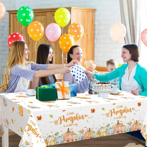 Vista 6 de WovWeave Paquete de 3 manteles de calabaza pequeña para decoración de fiesta de baby shower de otoño para niños y niñas, fundas de mesa para Acción