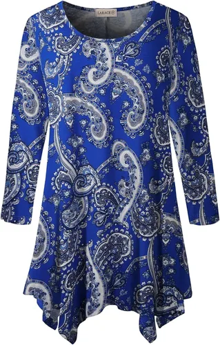 Vista 49 de LARACE - Camisa de talla extragrande para mujer, camisa tipo túnica con manga 3/4, ajuste holgado, ropa básica para mujer 2-negro_cuadros